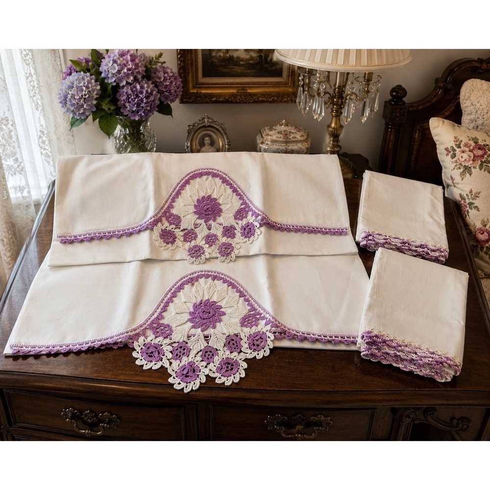 Vtg Stevens Mohawk Cotton Linens 4pc Hand Crochet Purple Floral Pillowcase Shams